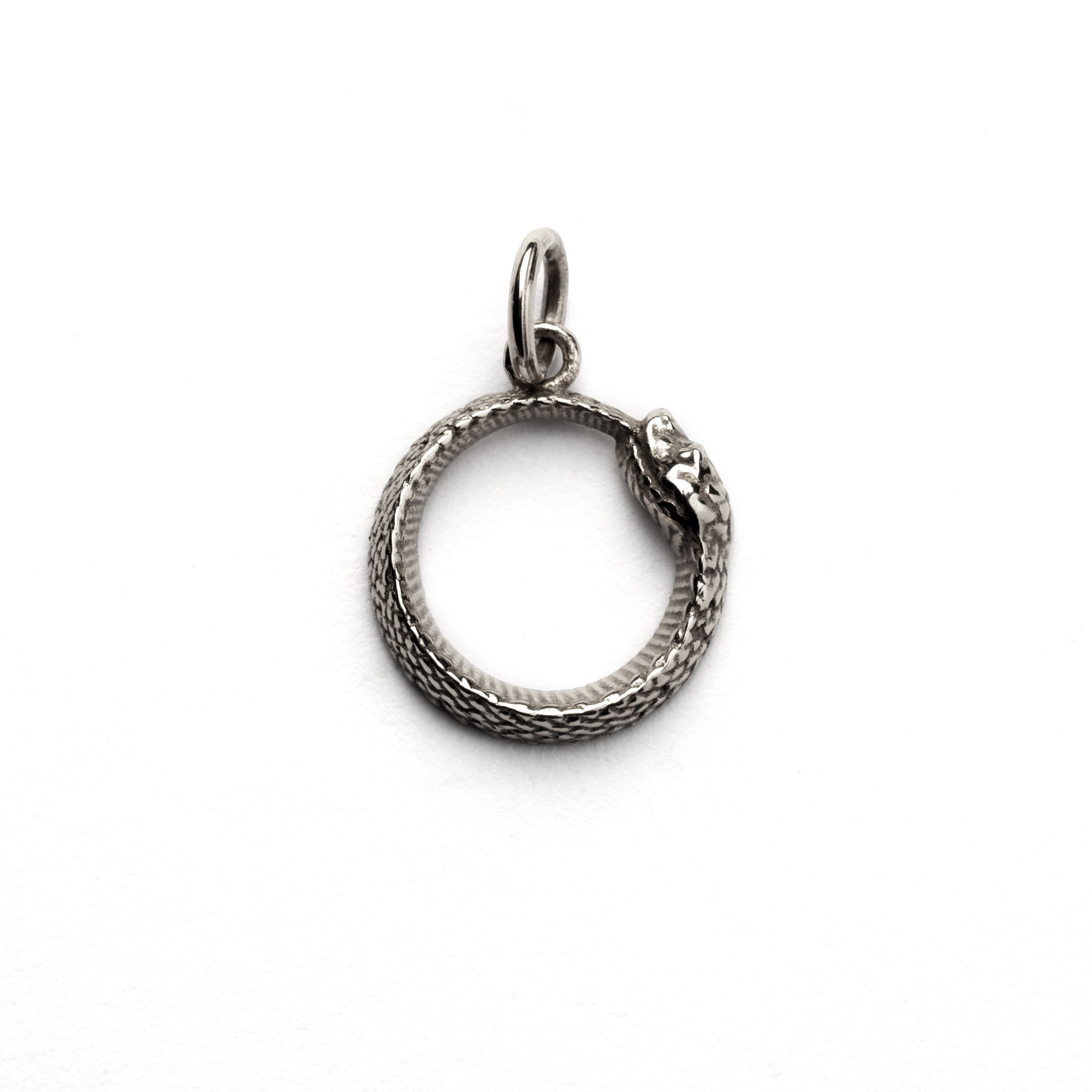 Tiny Silver Ouroboros Charm necklace frontal view
