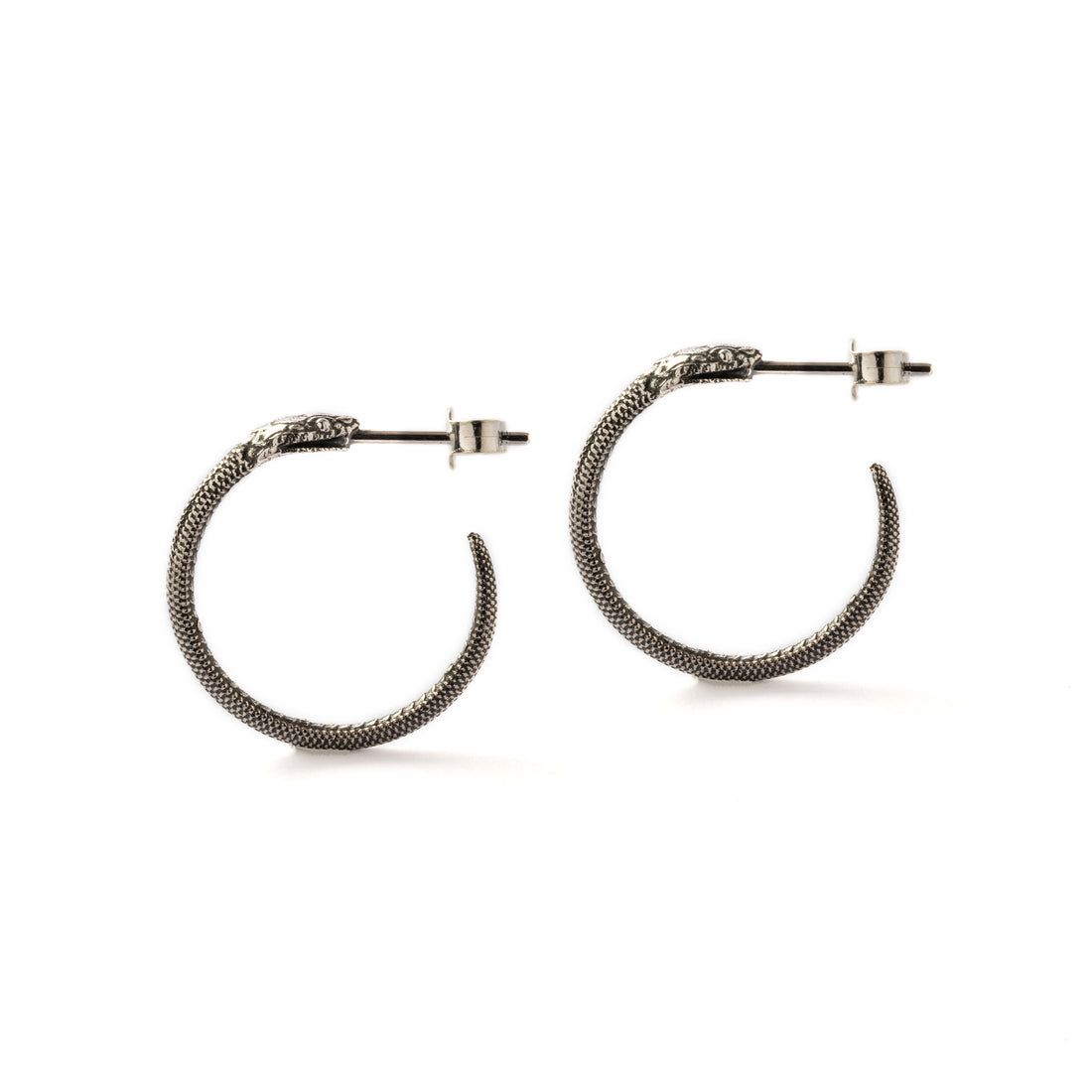 silver open hoop realistic snake post earrings side view