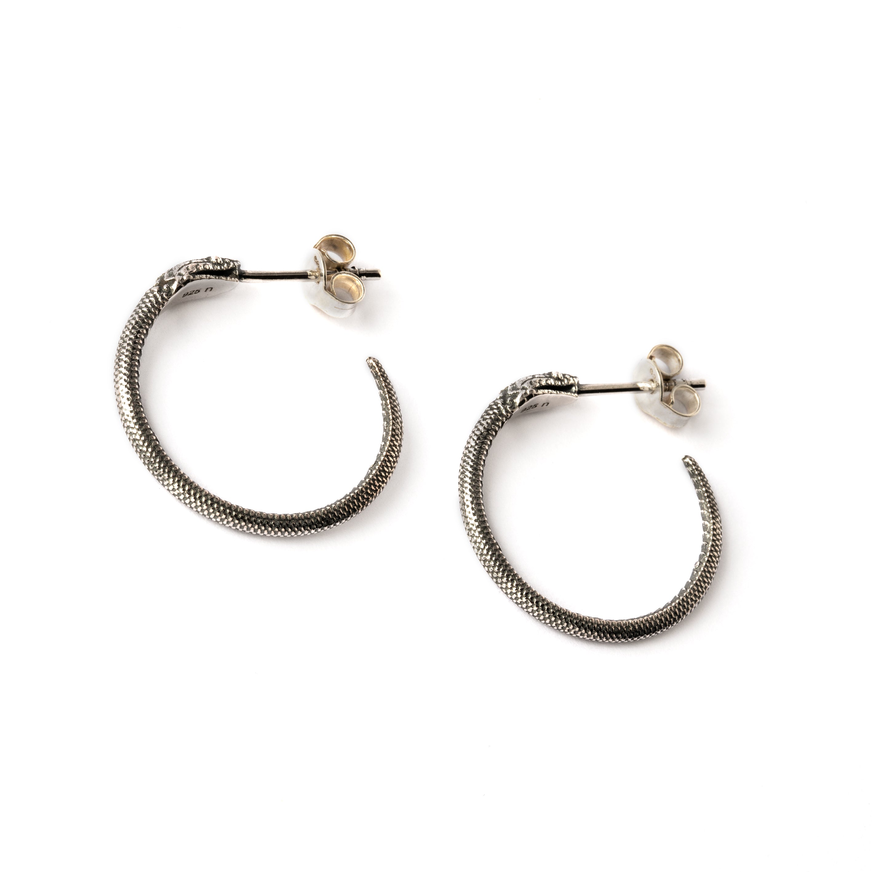 silver open hoop realistic snake post earrings side and back view