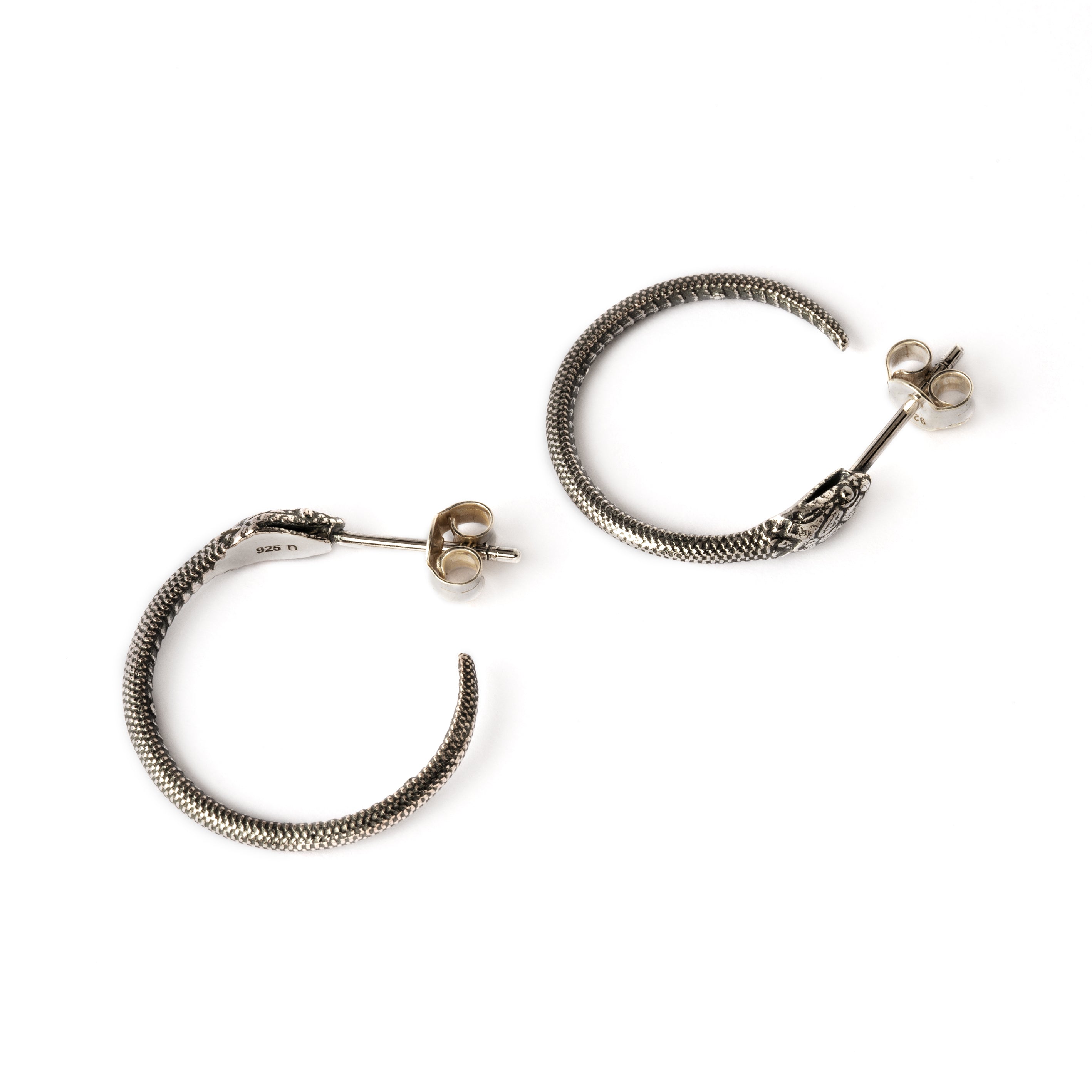 silver open hoop realistic snake post earrings 360 view