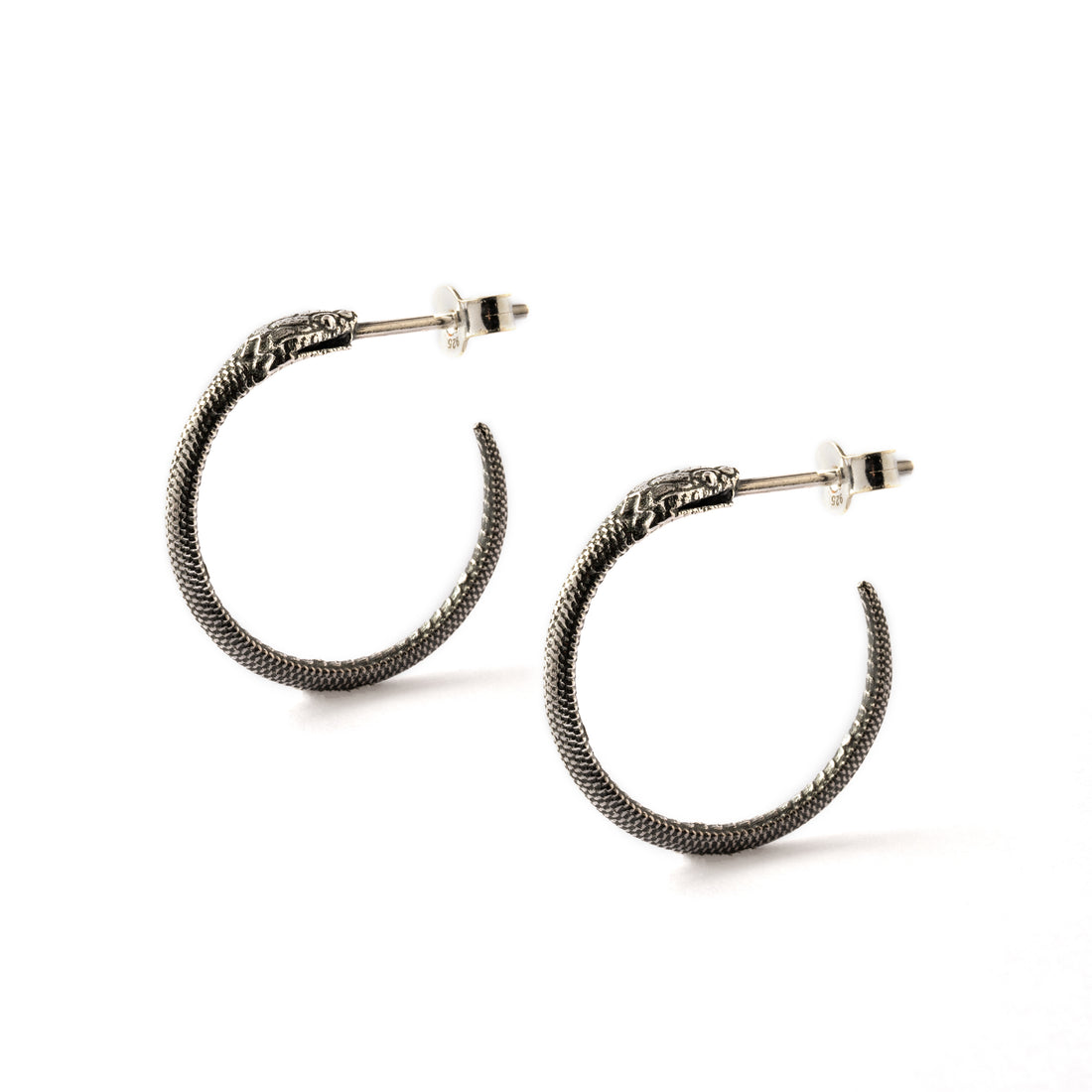 silver open hoop realistic snake post earrings front and side view