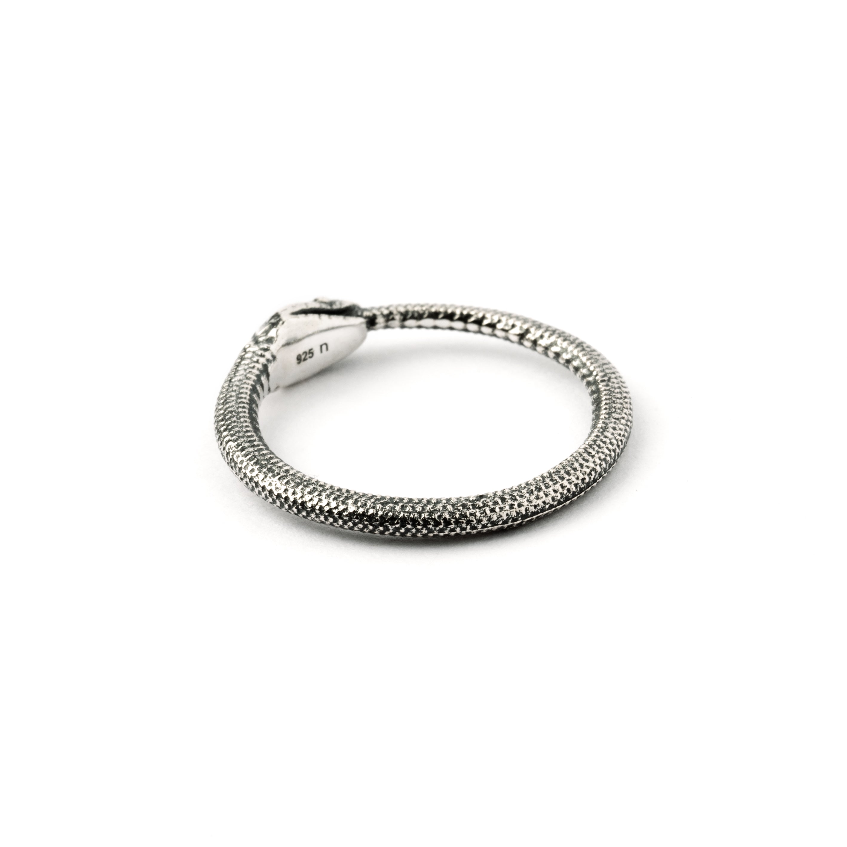 Silver Ouroboros snake band ring back side view