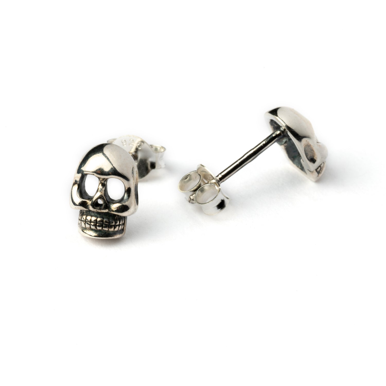 Silver Skull Ear Studs front and back view