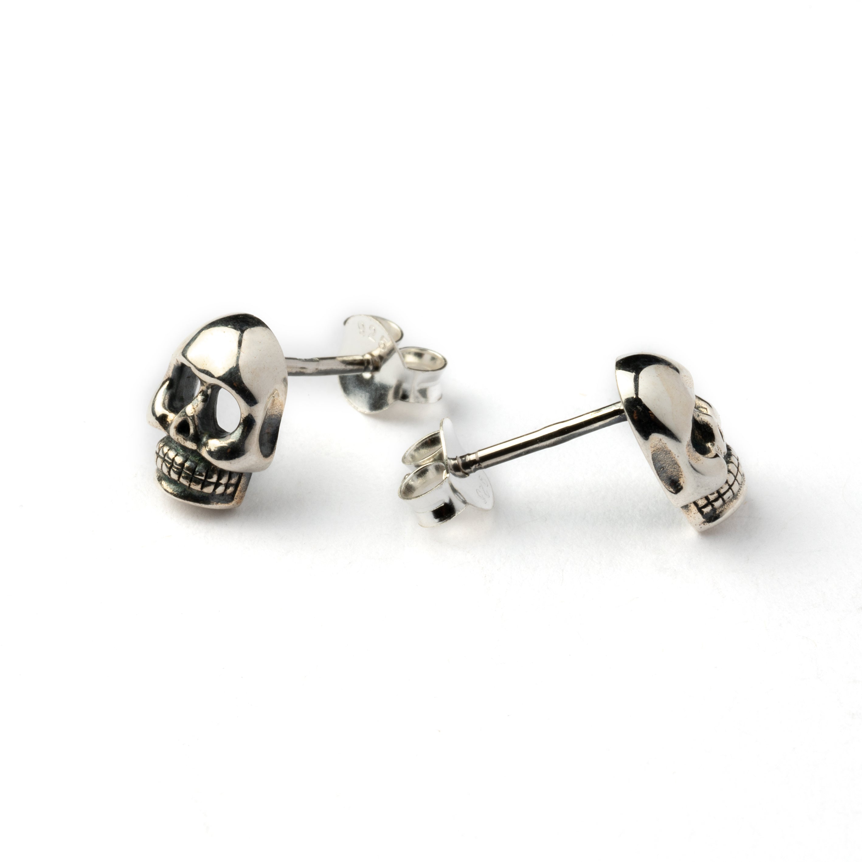 Silver Skull Ear Studs front and side view