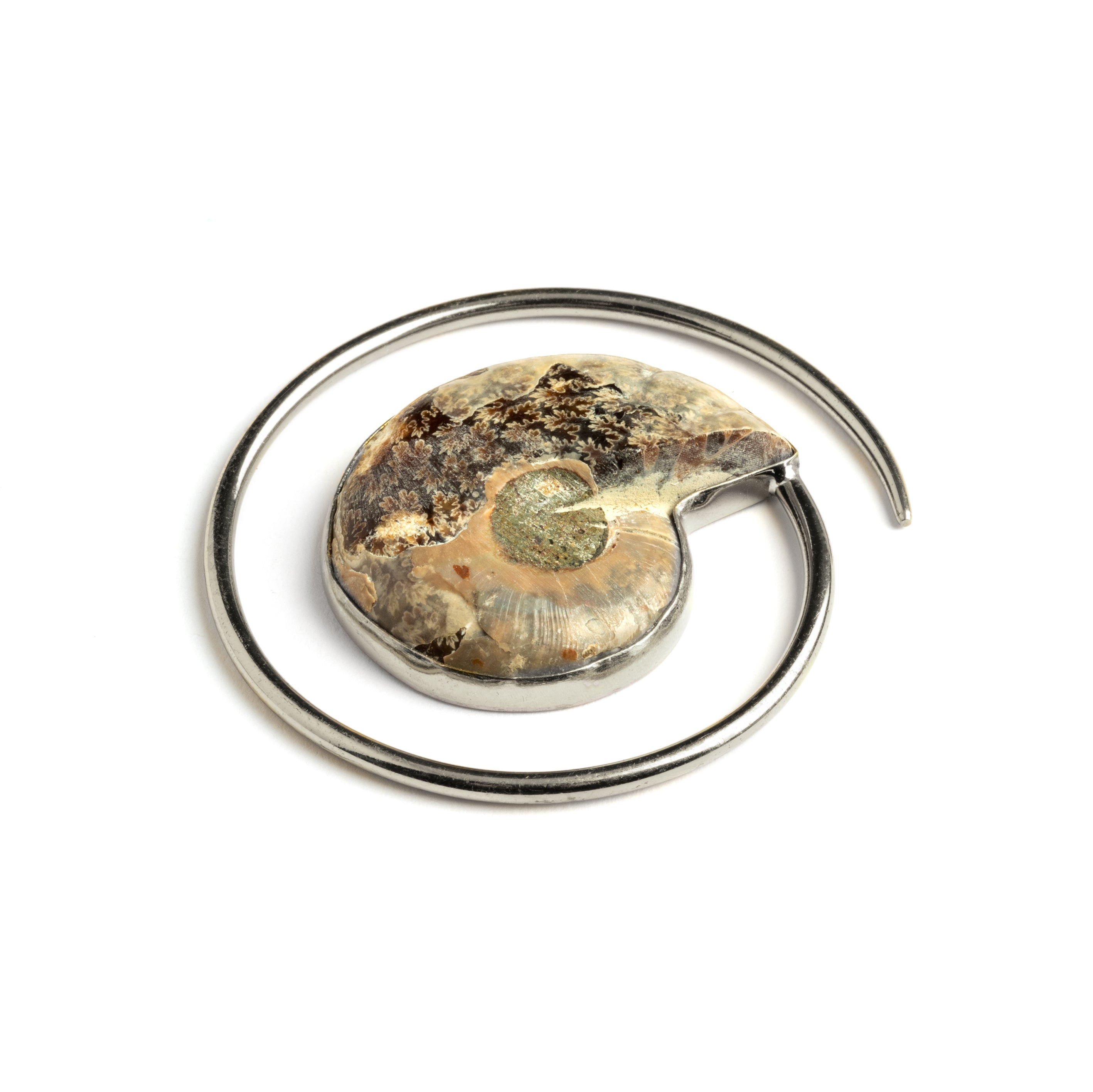 single silver spiral ear weight hanger with Ammonite fossil back view
