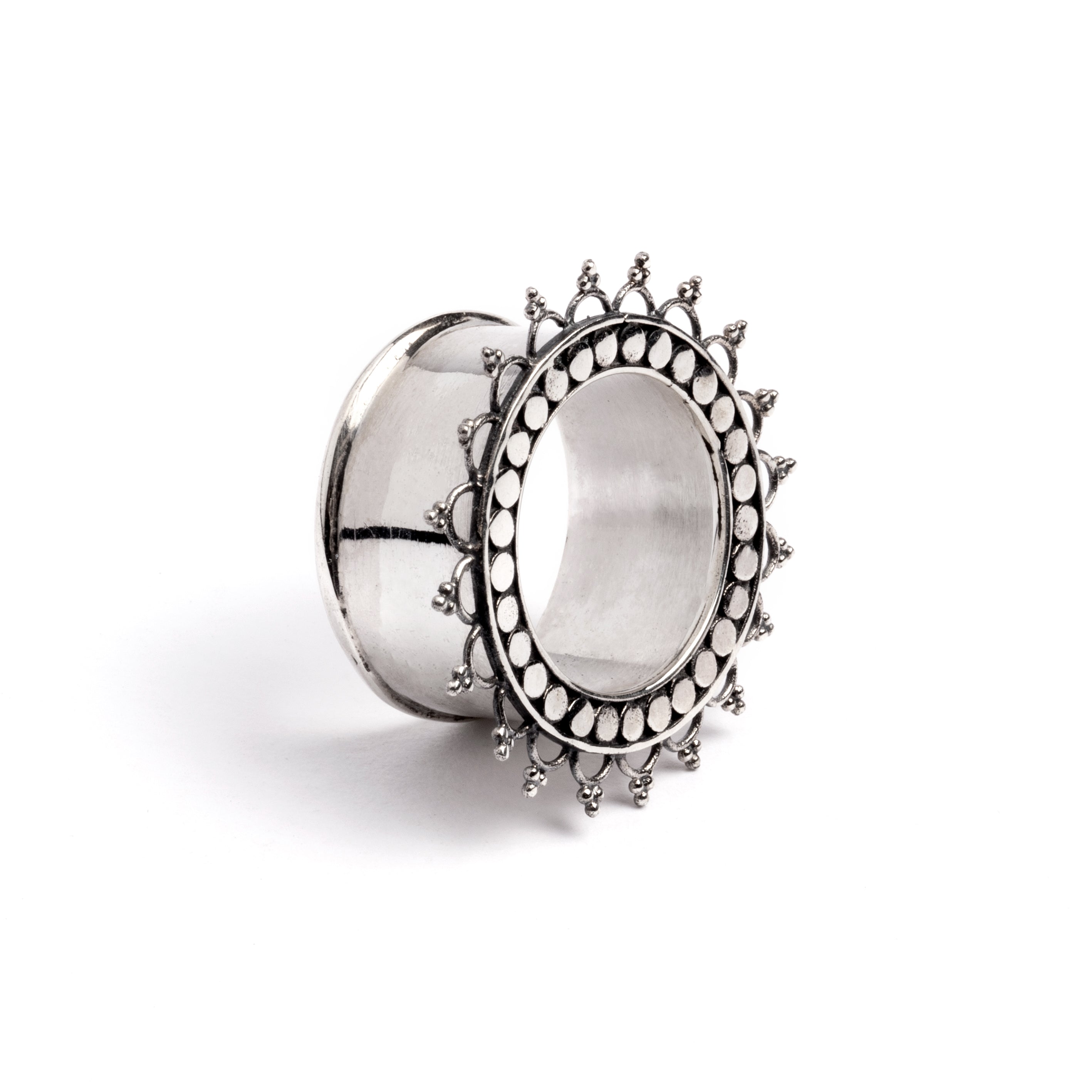 silver tribal flower ear tunnel left side view