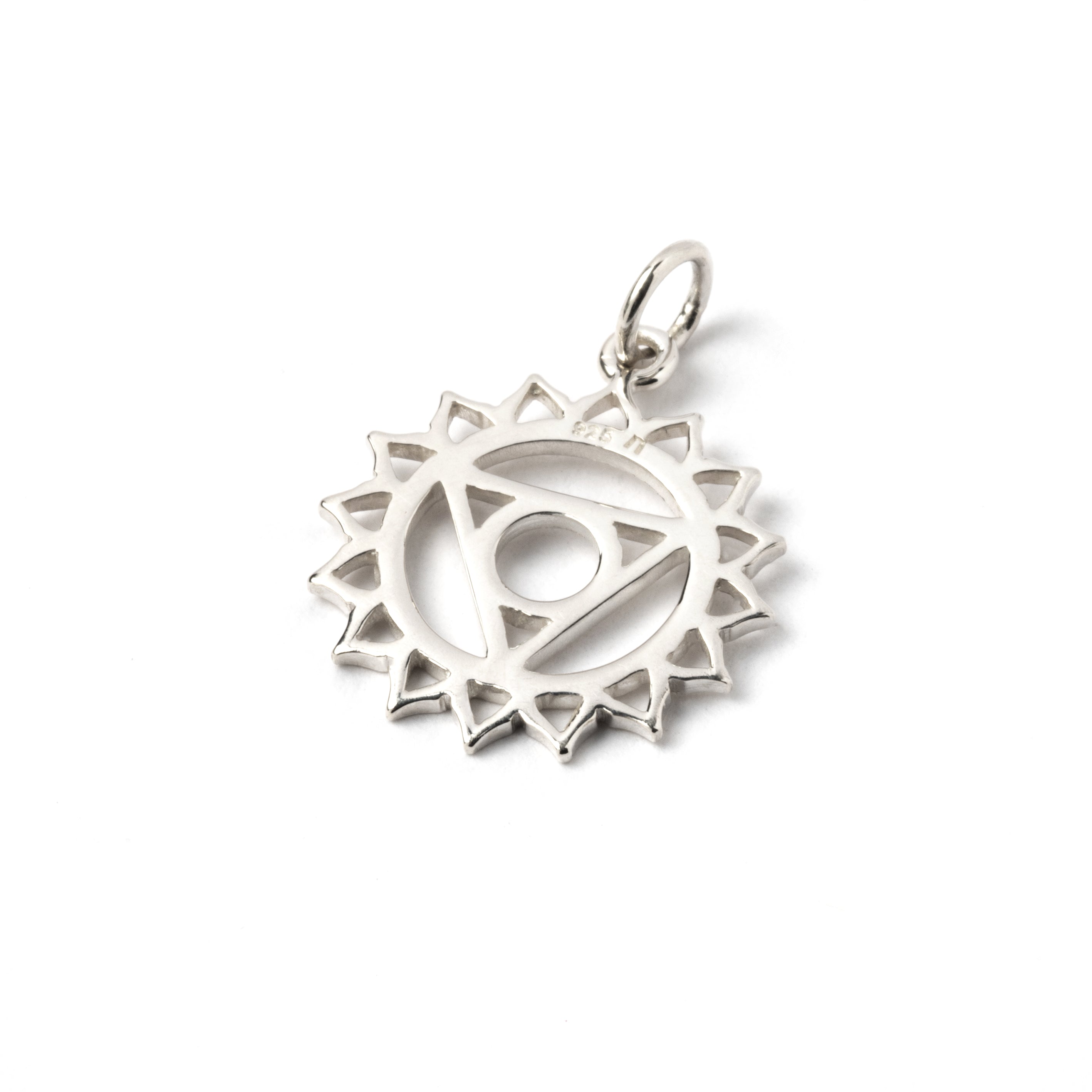 Sterling silver Throat Chakra charm necklace. The throat chakra is the fifth chakra out of seven in the body's energy system, recognised in yoga traditions and practices. This chakra reflects the aspects of self expression and communication.   This Chakra charm is part of the seven chakras pendents collection, please check out our necklaces category to see more chakra pendents.  Material: 925 sterling silver Dimensions : 22mm by 14mm Comes on a matching chain