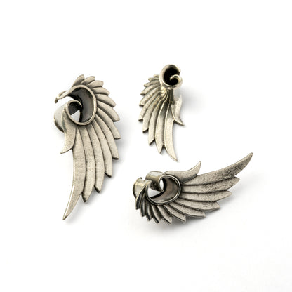 several sizes of Wing flesh tunnels for stretched ears front and side view