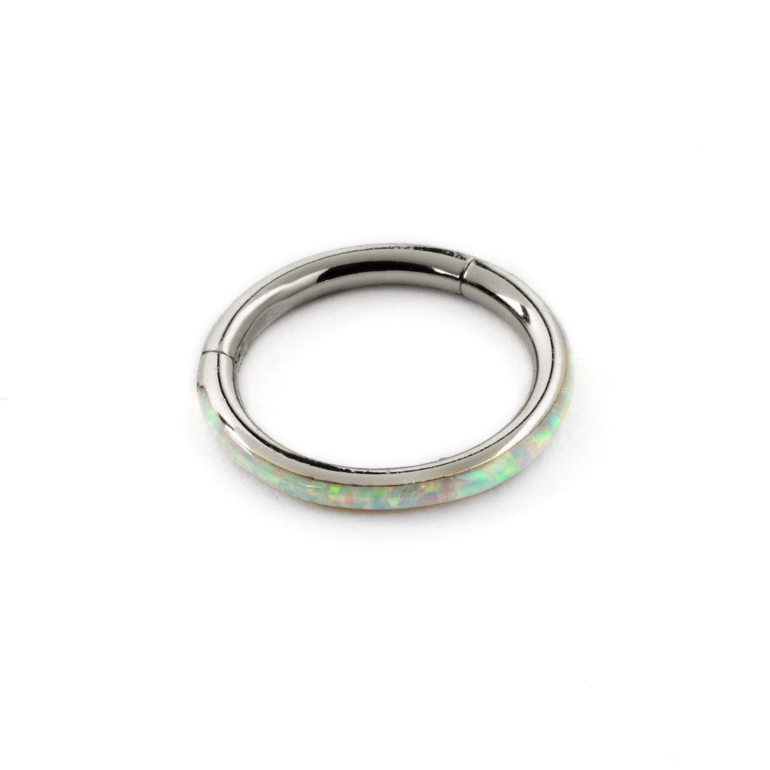 surgical steel and white opal hinged segment ring septum clicker side view