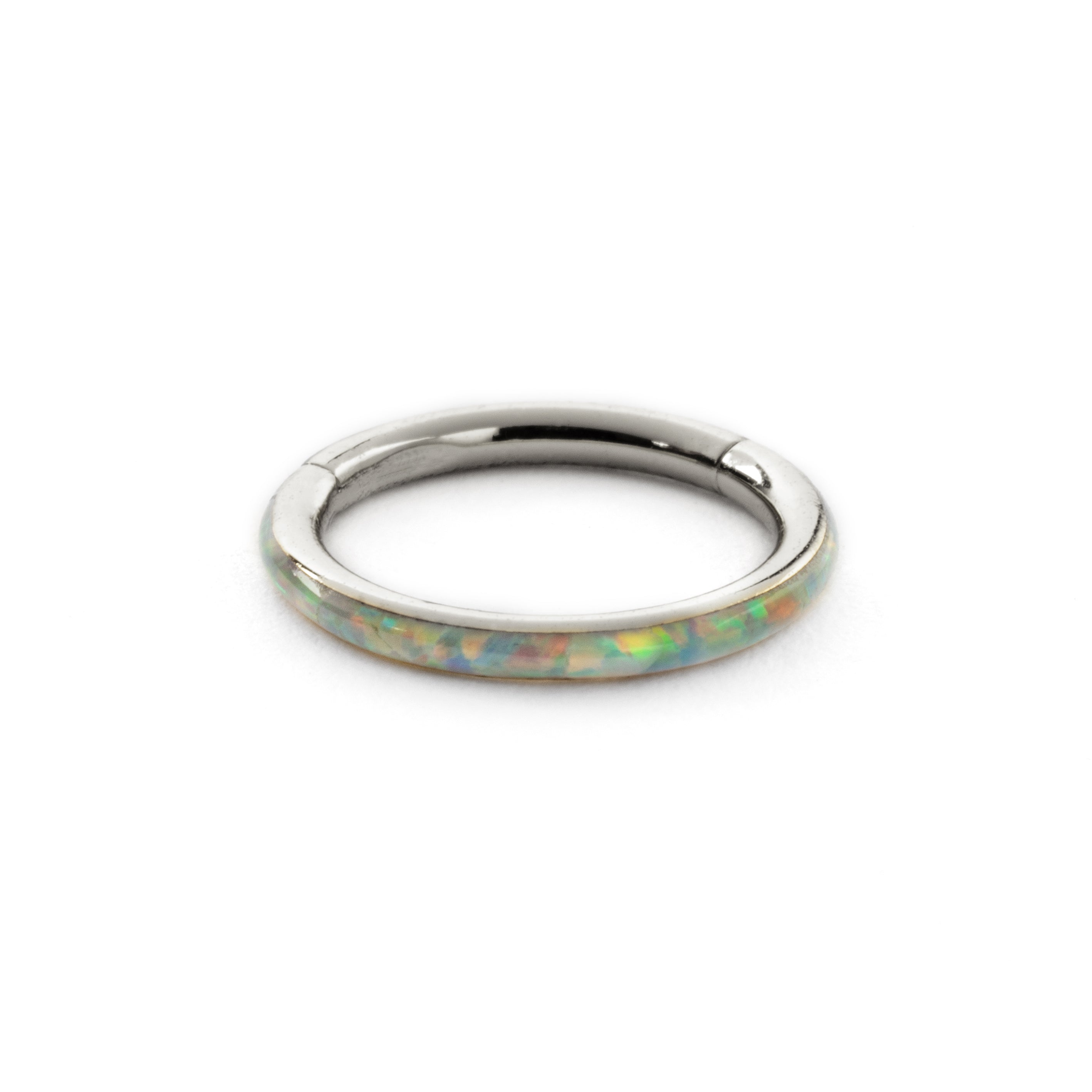 surgical steel and white opal hinged segment ring septum clicker down view