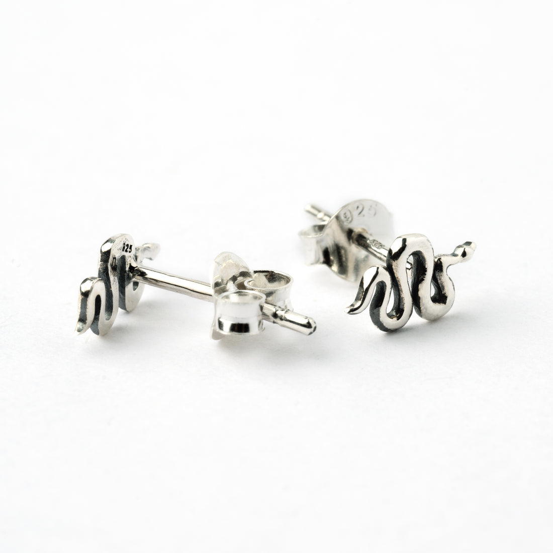 Snake silver stud earrings right side and back view