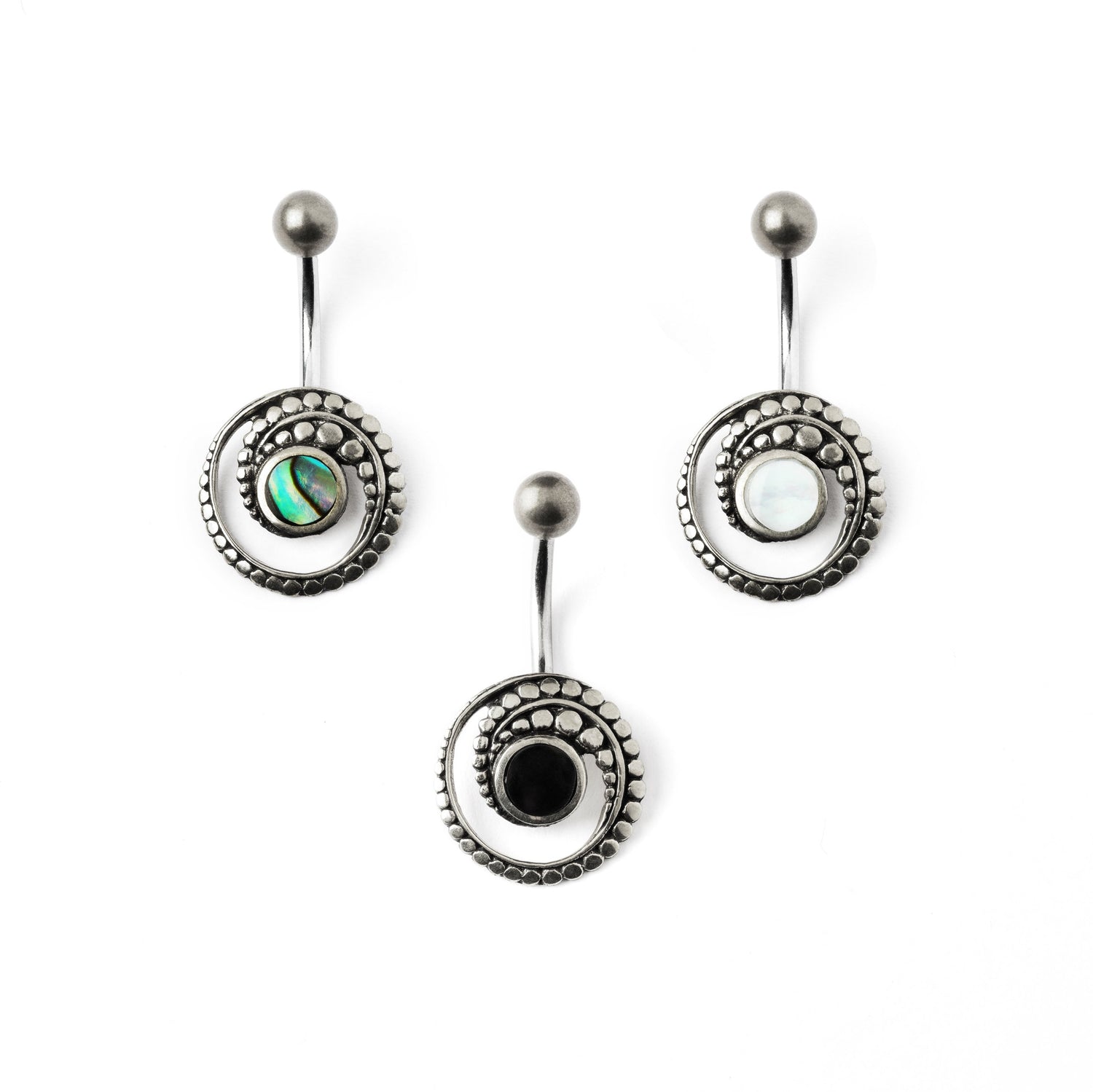 Silver spiral belly piercing with mother of pearl, abalone and black onyx