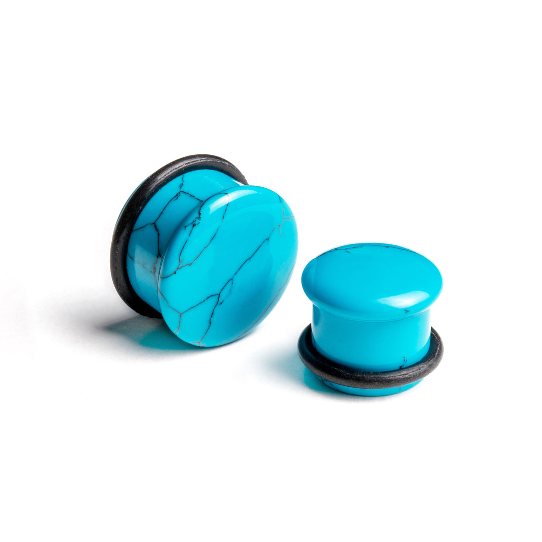 pair of flared Turquoise stone ear plugs side and front view