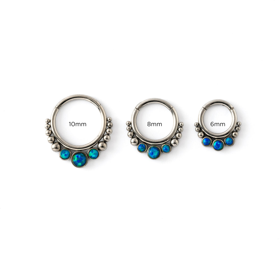 6mm, 8mm, 10mm Siti septum clicker rings trio blue Opals frontal view