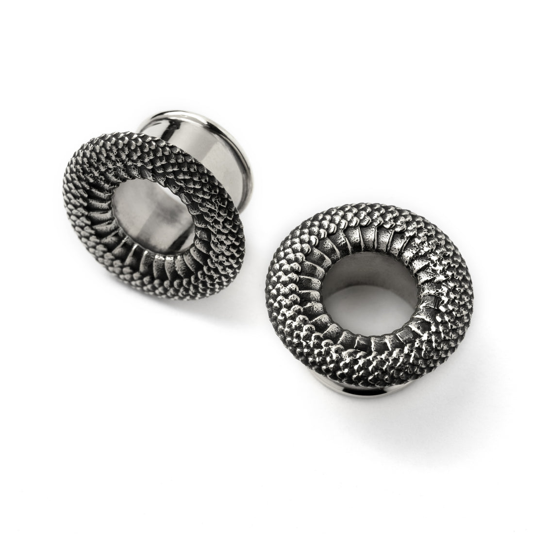 pair of Snakes skin texture silver plug tunnels above view