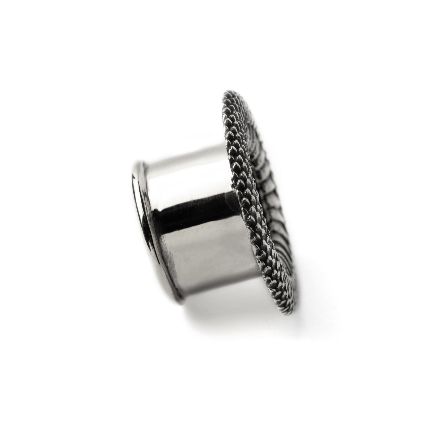 Snakes skin texture silver plug tunnels side view