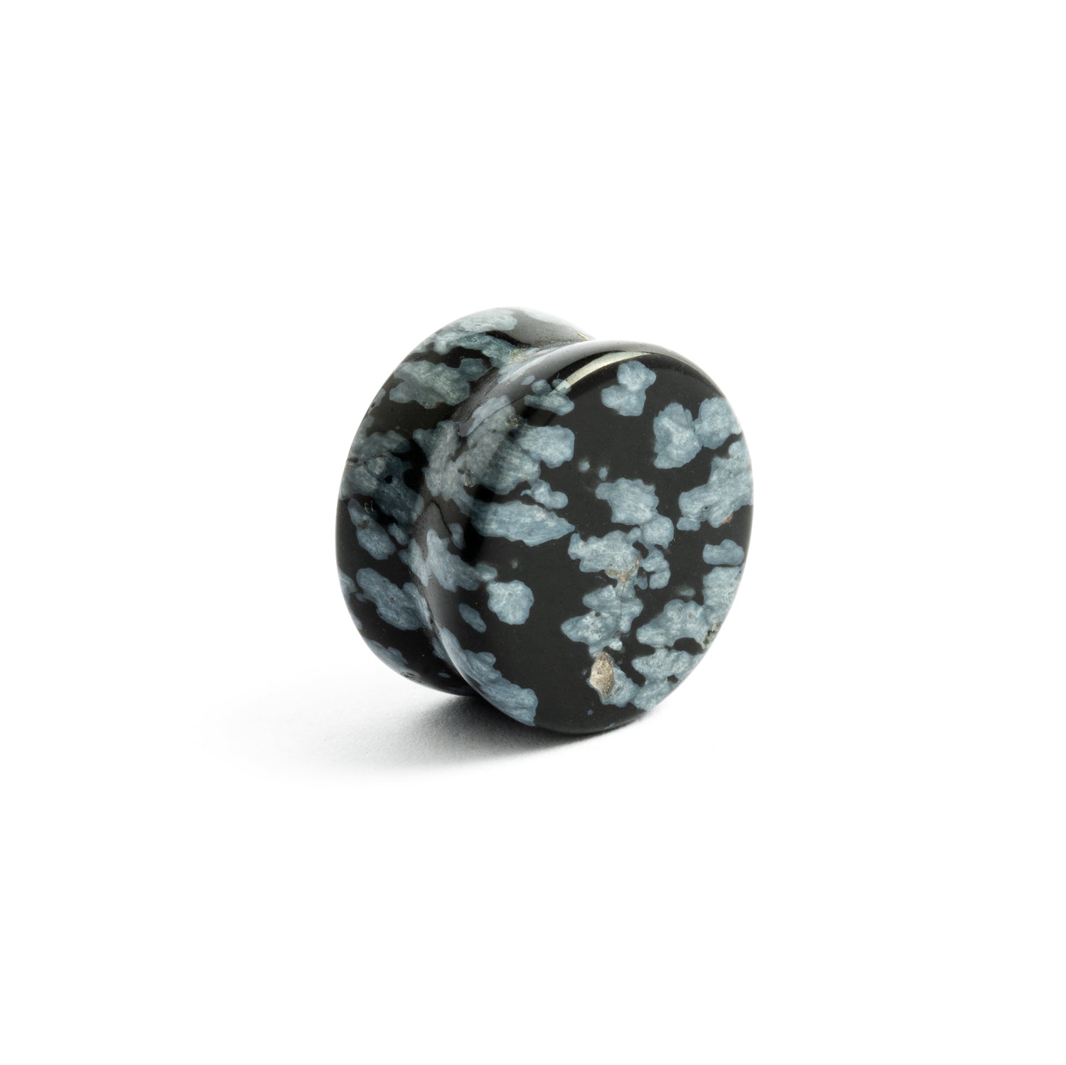 single double flare Snowflake Obsidian stone ear plug left front view