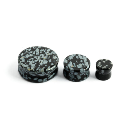 several sizes of double flare Snowflake Obsidian stone ear plugs front view