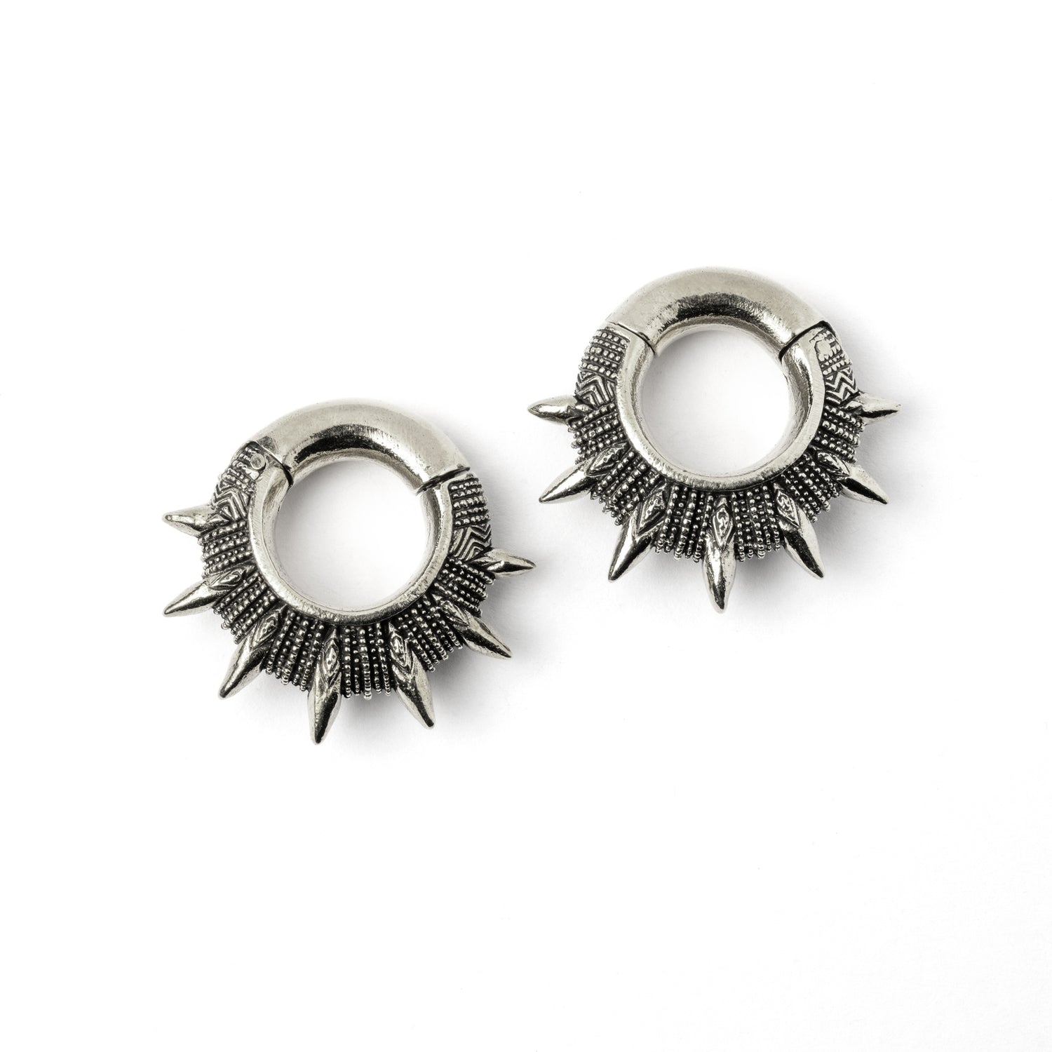 pair of silver colour spiky ear weights hoops left frontal view