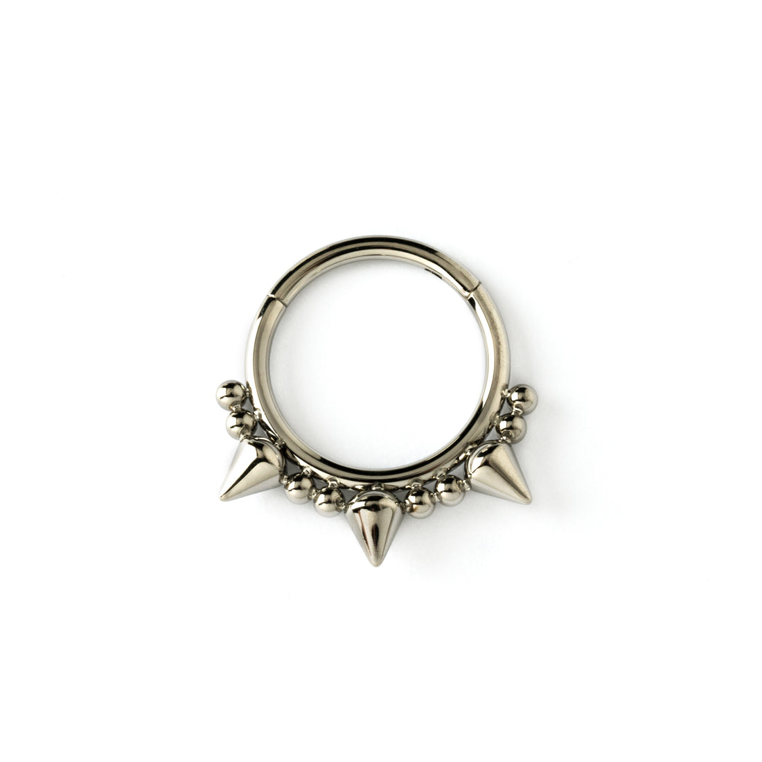 surgical steel clicker ring ornamented with spheres and spikes frontal view