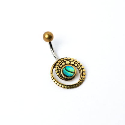 golden brass spiral belly piercing with Abalone shell left side view