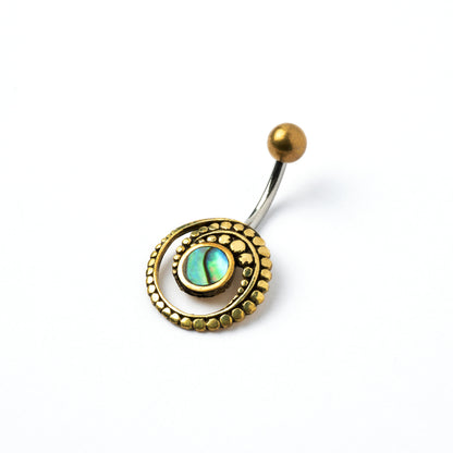 golden brass spiral belly piercing with Abalone shell right side view