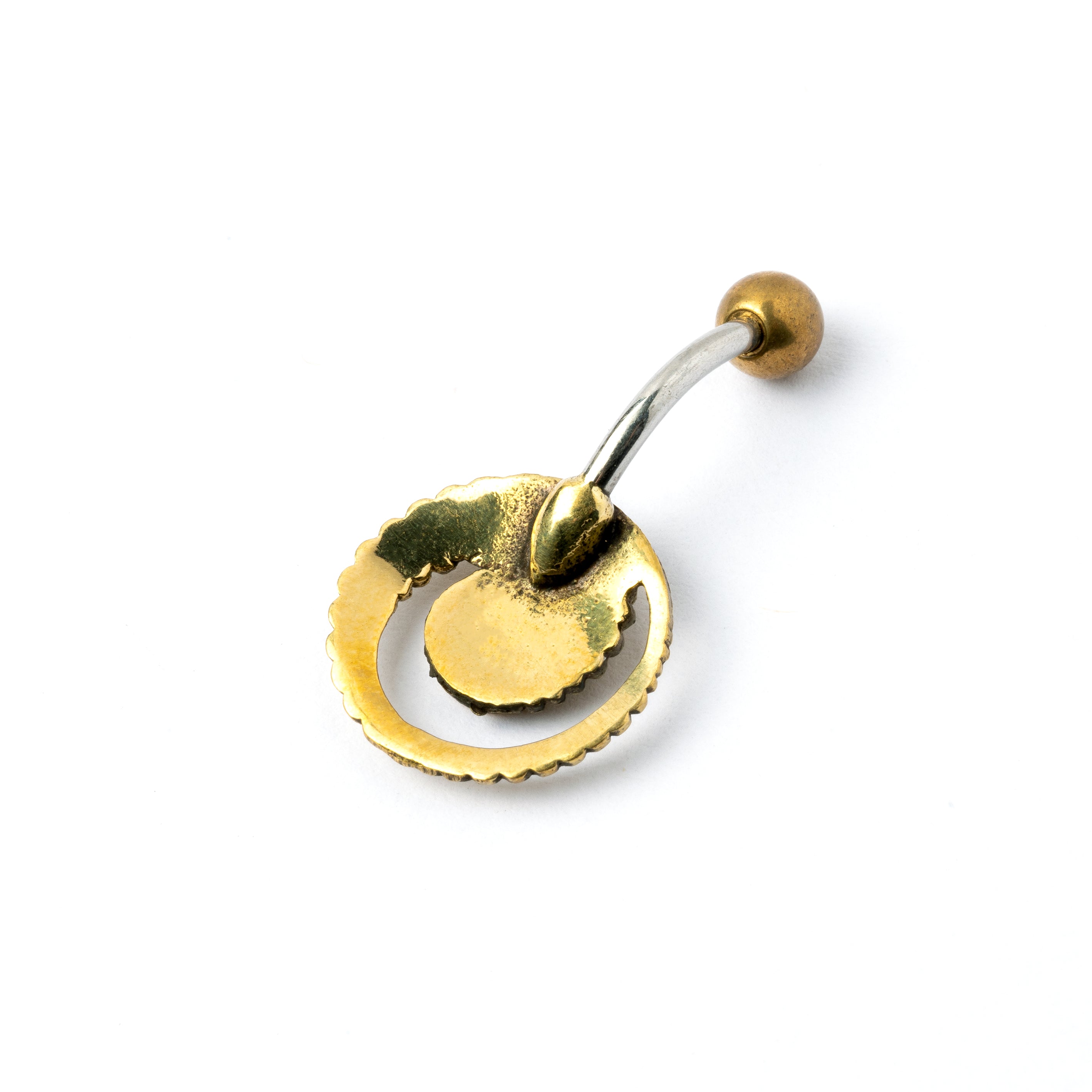 golden brass spiral belly piercing with mother of pearl shell back side view