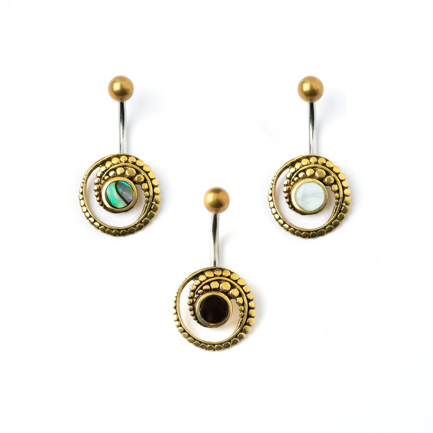 golden brass spiral belly piercing with mother of pearl, abalone and black onyx