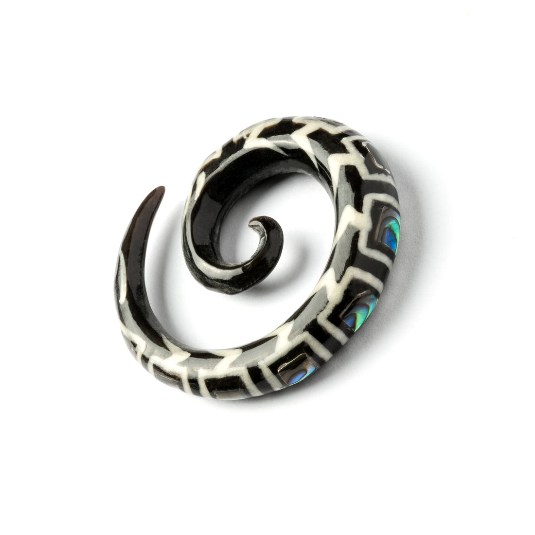 single spiral horn ear stretcher with geometric shaped inlaid with abalone right side view