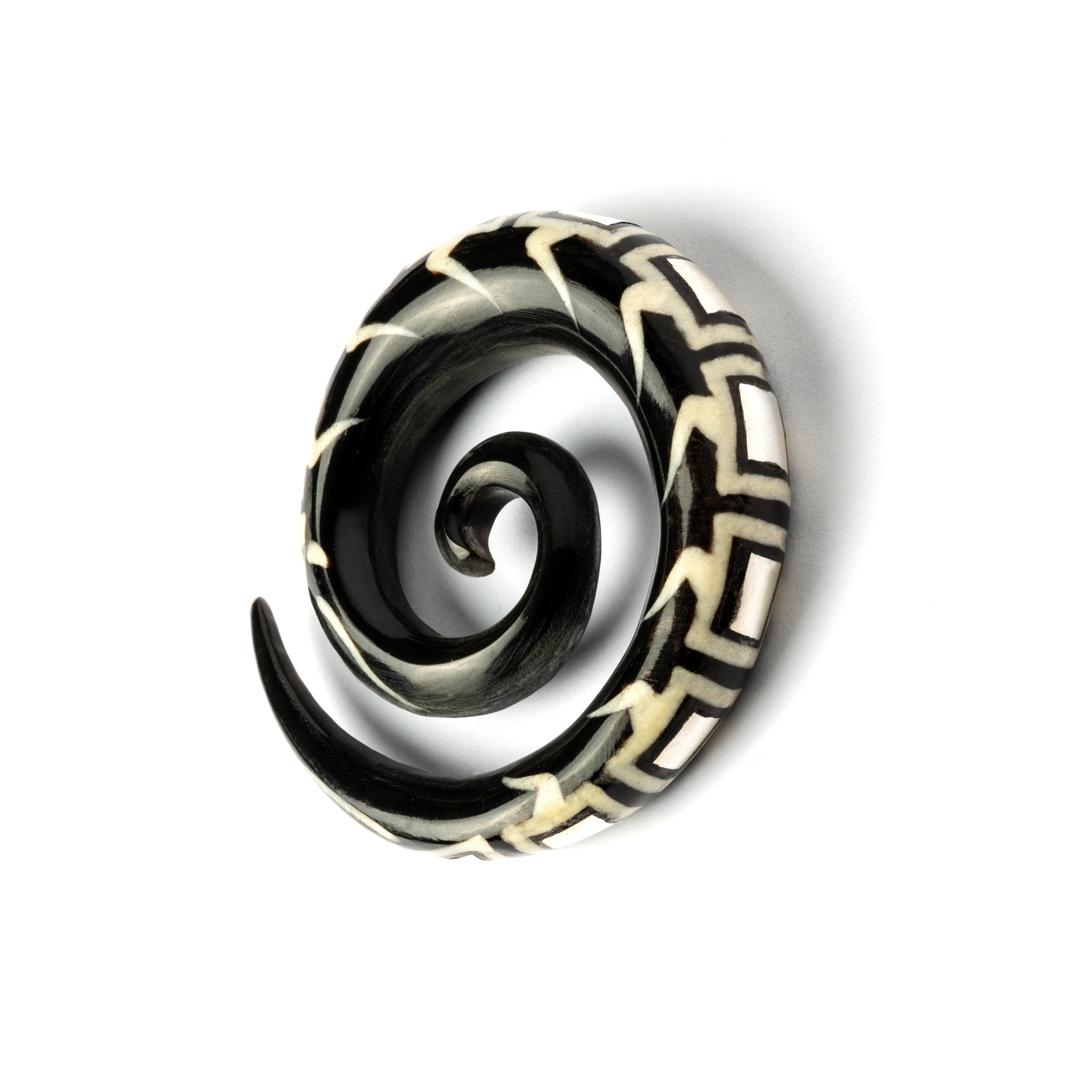single spiral horn ear stretcher with geometric shaped inlaid with silver right side view
