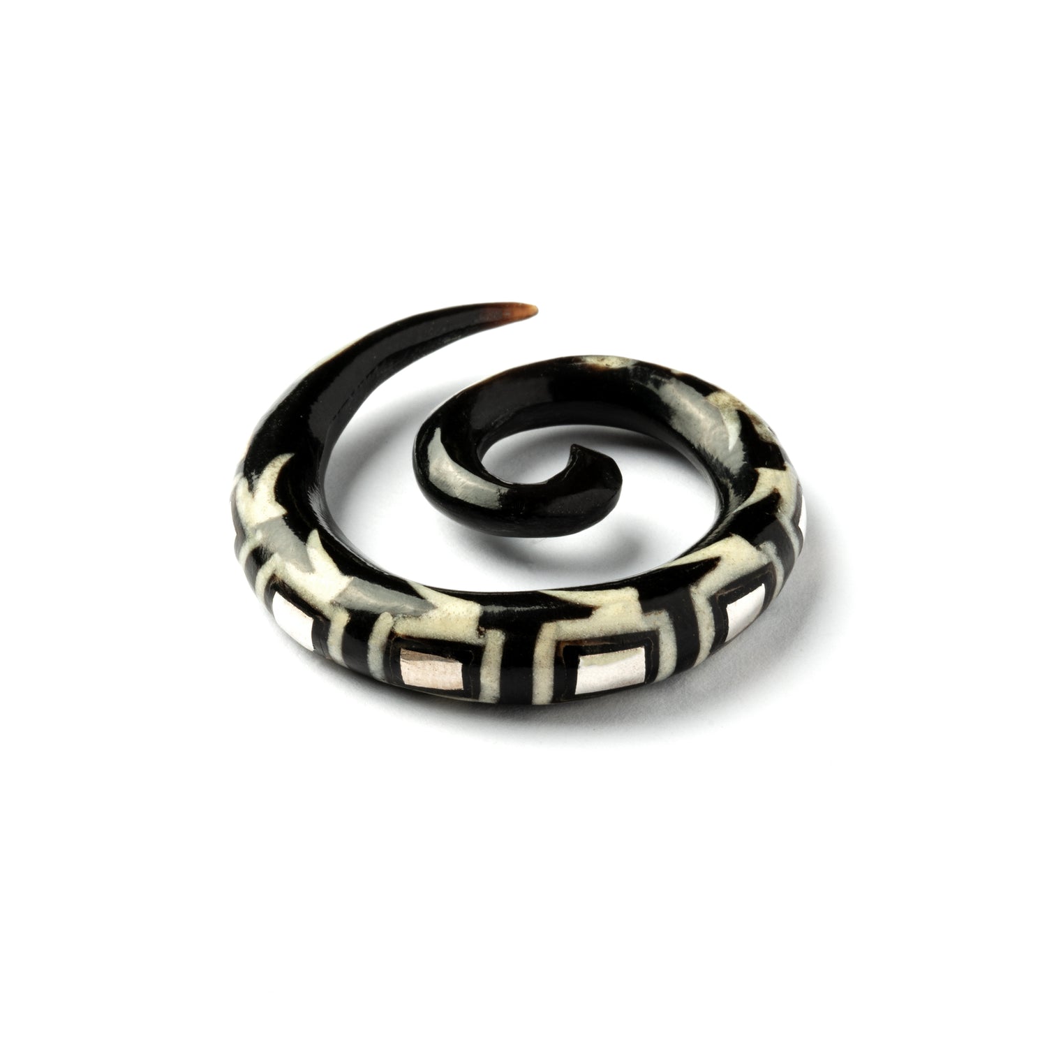 single spiral horn ear stretcher with geometric shaped inlaid with silver side view