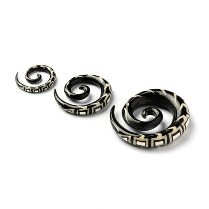 several sizes of spiral horn ear stretchers with geometric shaped inlaid with silver side and front view