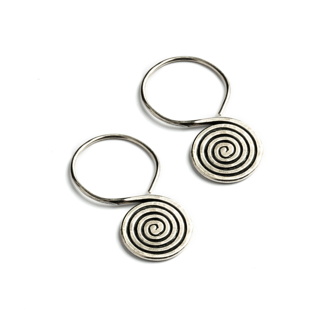 Spiral Engraved Tribal Silver Earrings right side view