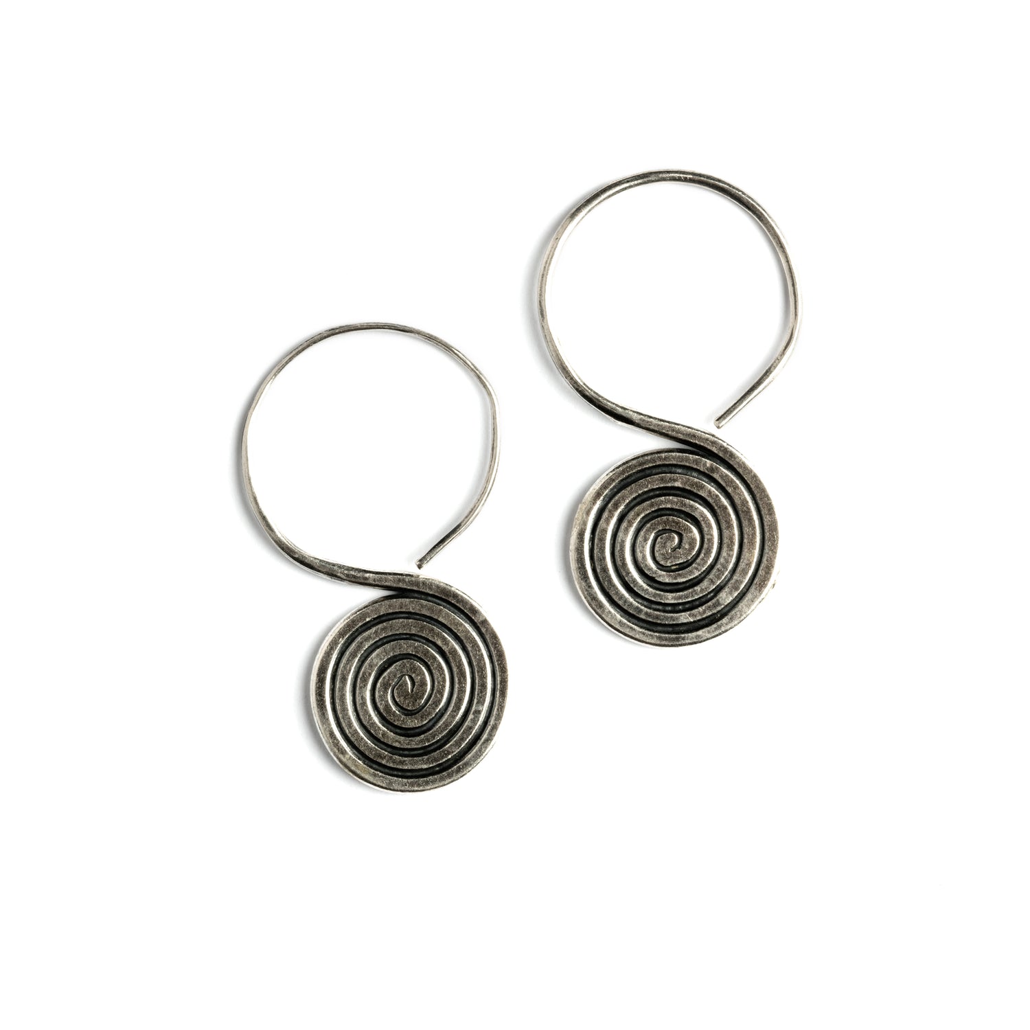 Spiral Engraved Tribal Silver Earrings frontal view