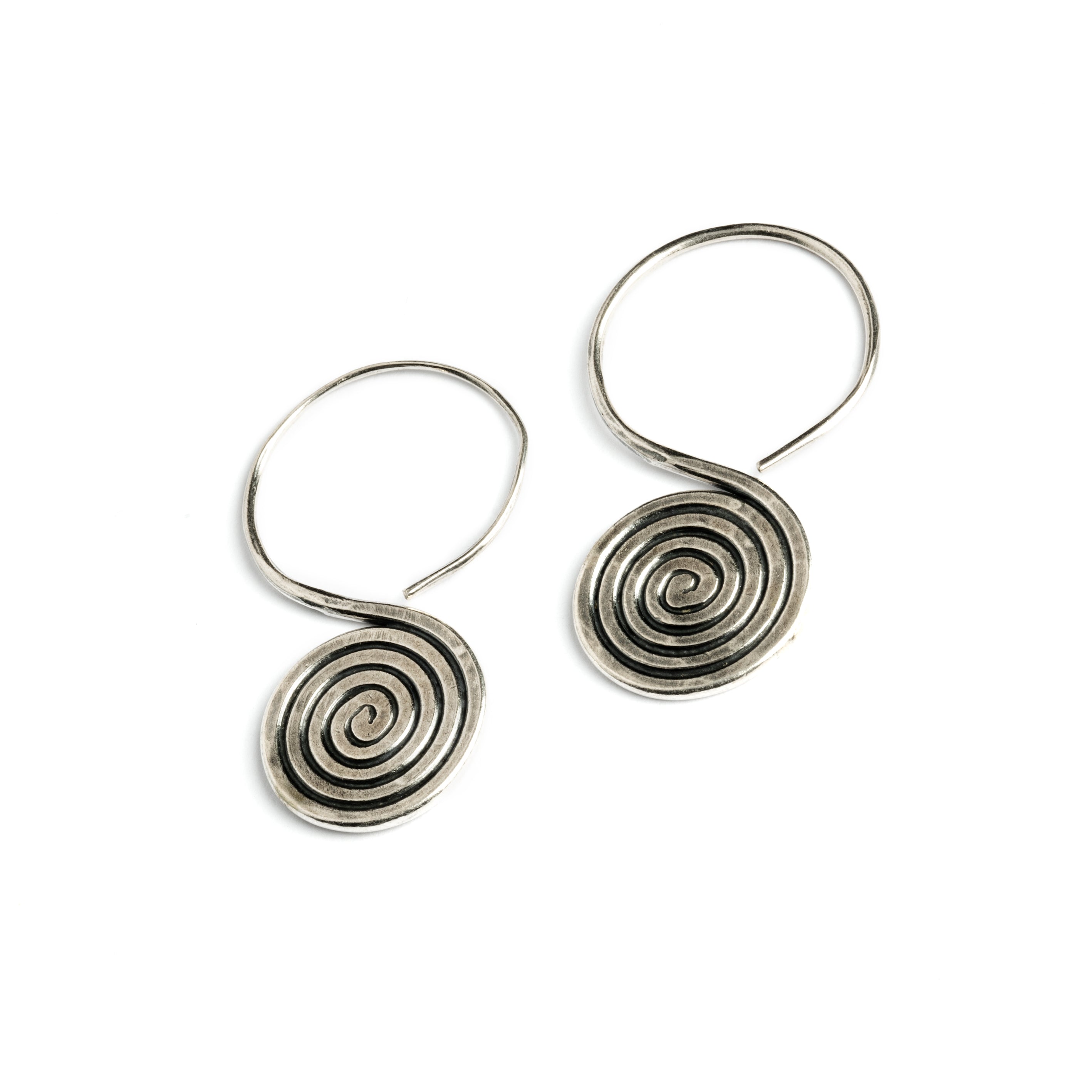 Spiral Engraved Tribal Silver Earrings left side view