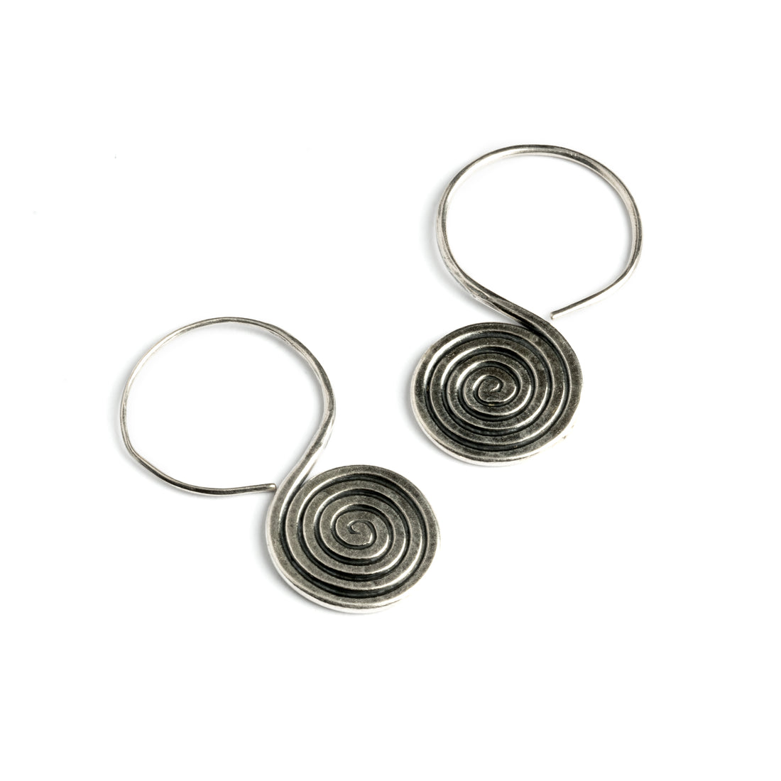 Spiral Engraved Tribal Silver Earrings frontal view