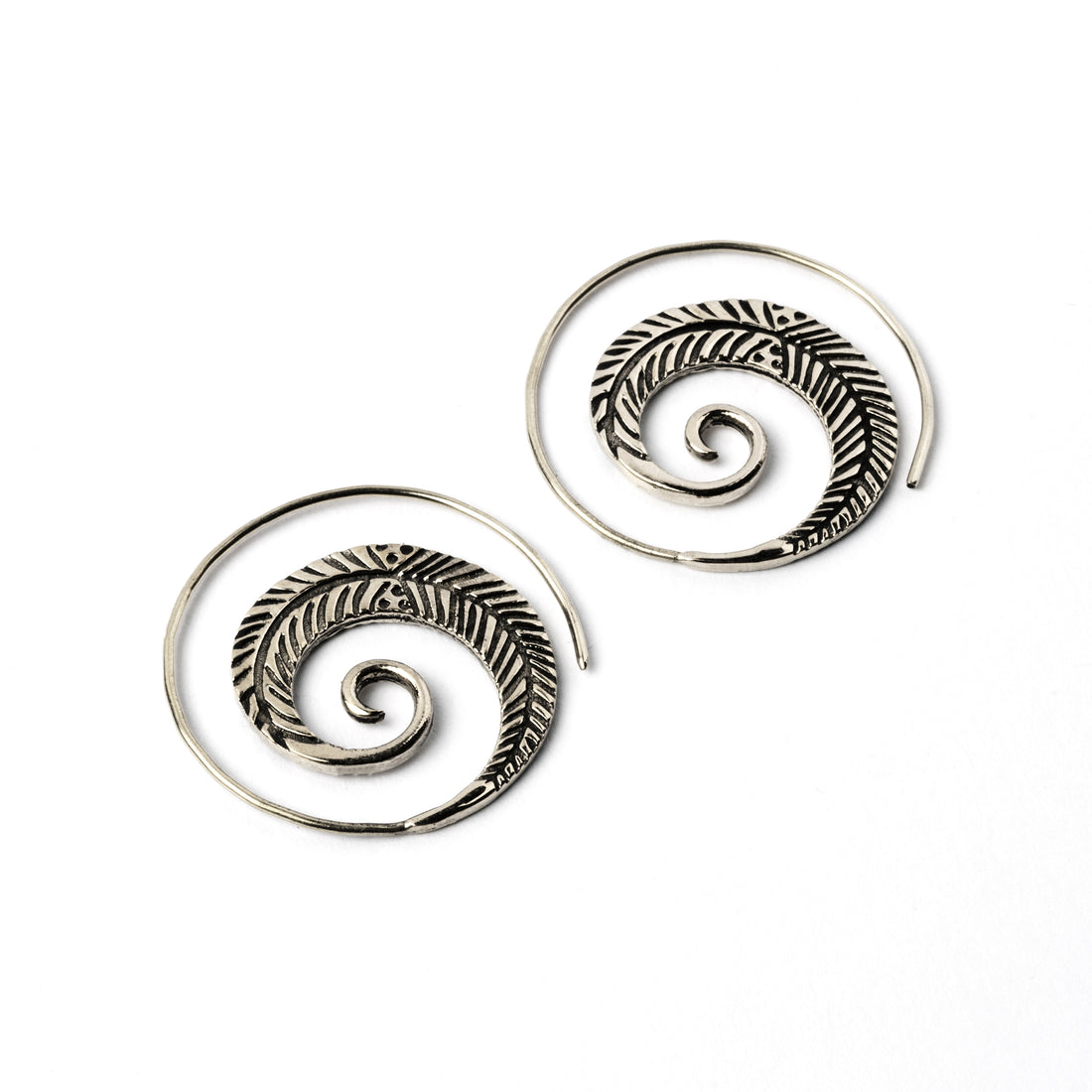 Spiral Feathers Tribal Silver Earrings frontal view