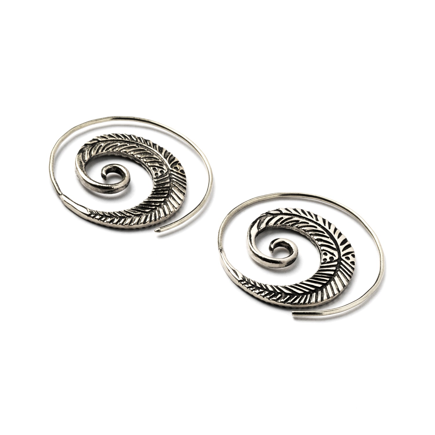 Spiral Feathers Tribal Silver Earrings side view