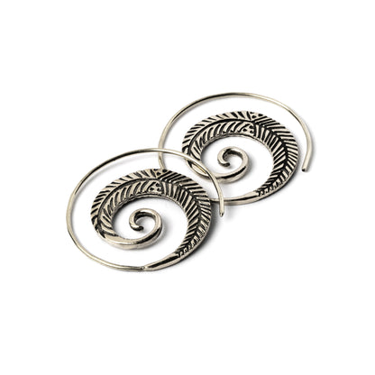 Spiral Feathers Tribal Silver Earrings frontal view