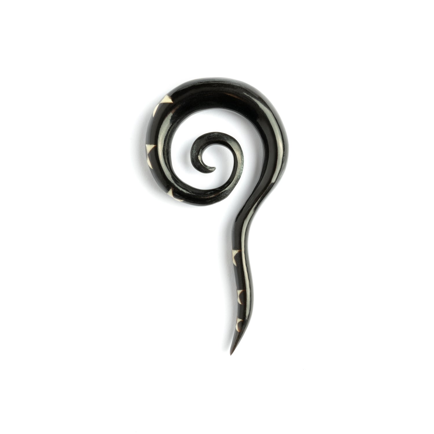 single spiral long hook ear stretcher with pattern of stars and Abalone inlay side view