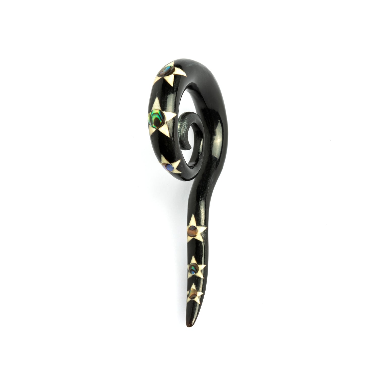 single spiral long hook ear stretcher with pattern of stars and Abalone inlay frontal view