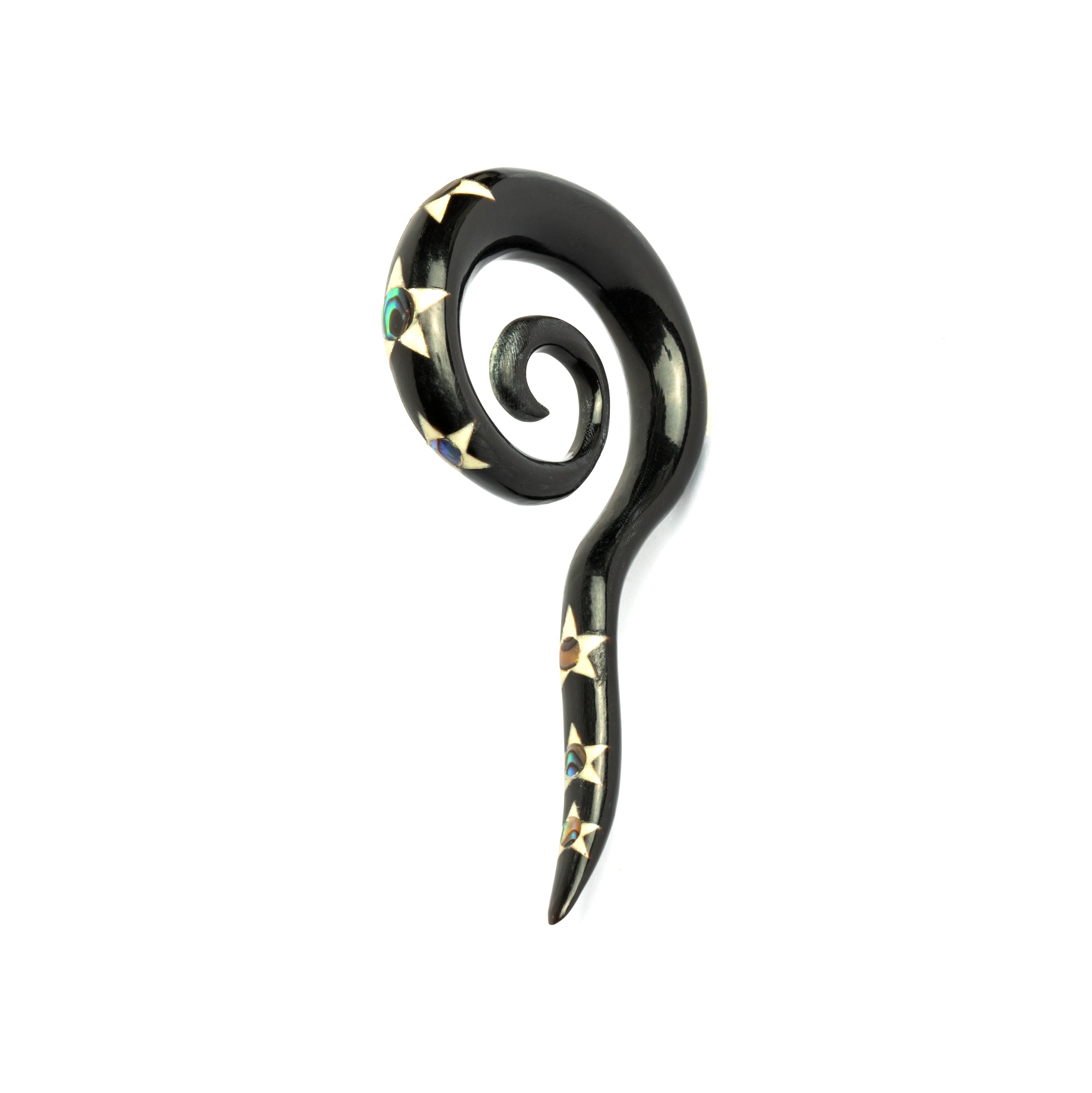 single spiral long hook ear stretcher with pattern of stars and Abalone inlay right side view