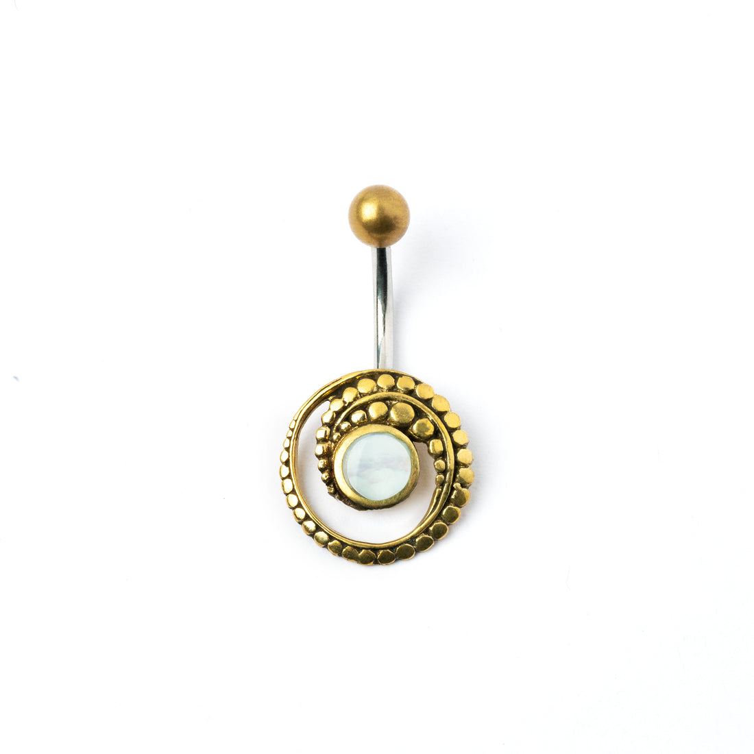golden brass spiral belly piercing with mother of pearl shell frontal view