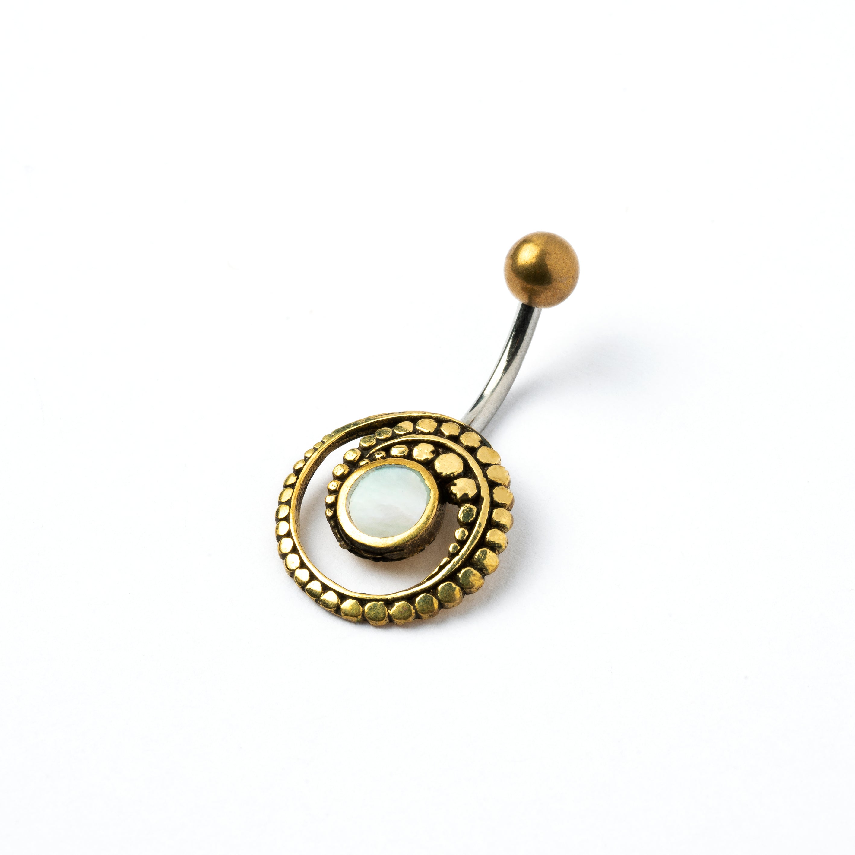 golden brass spiral belly piercing with mother of pearl shell right side view