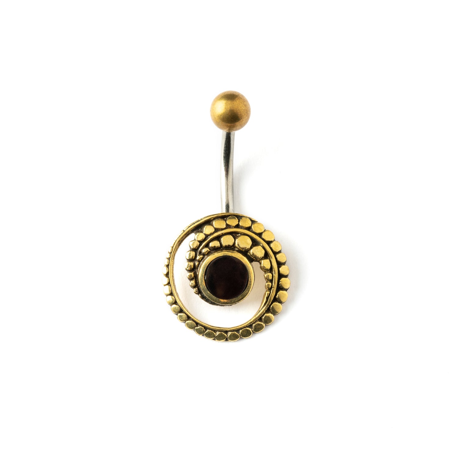 golden brass spiral belly piercing with black onyx shell frontal view