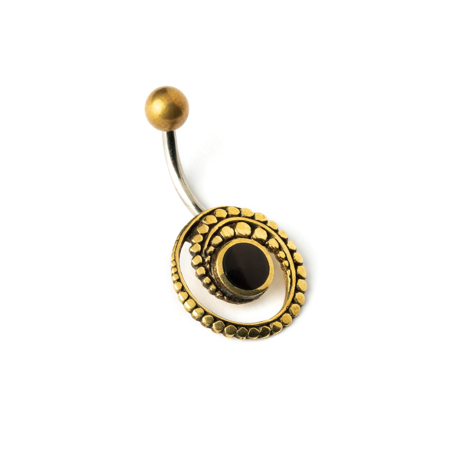 golden brass spiral belly piercing with black onyx shell left side view