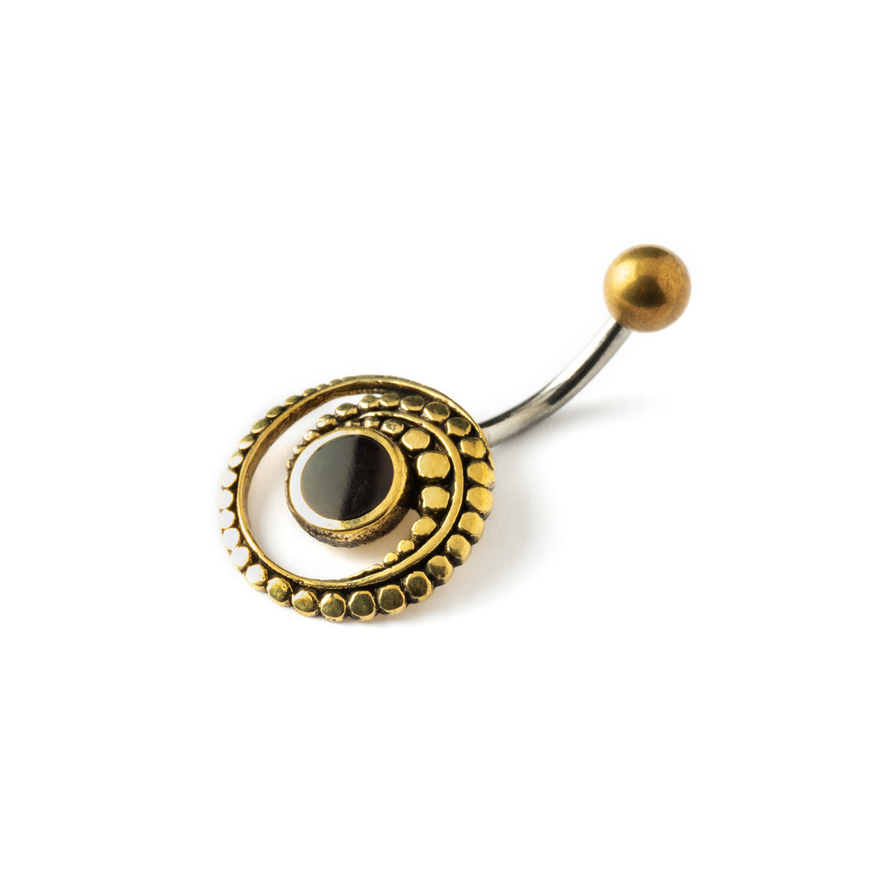golden brass spiral belly piercing with black onyx shell right side view