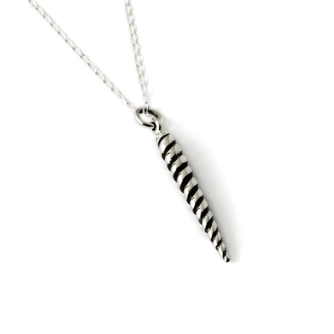 Silver Spiralling Cone Charm necklace left side view
