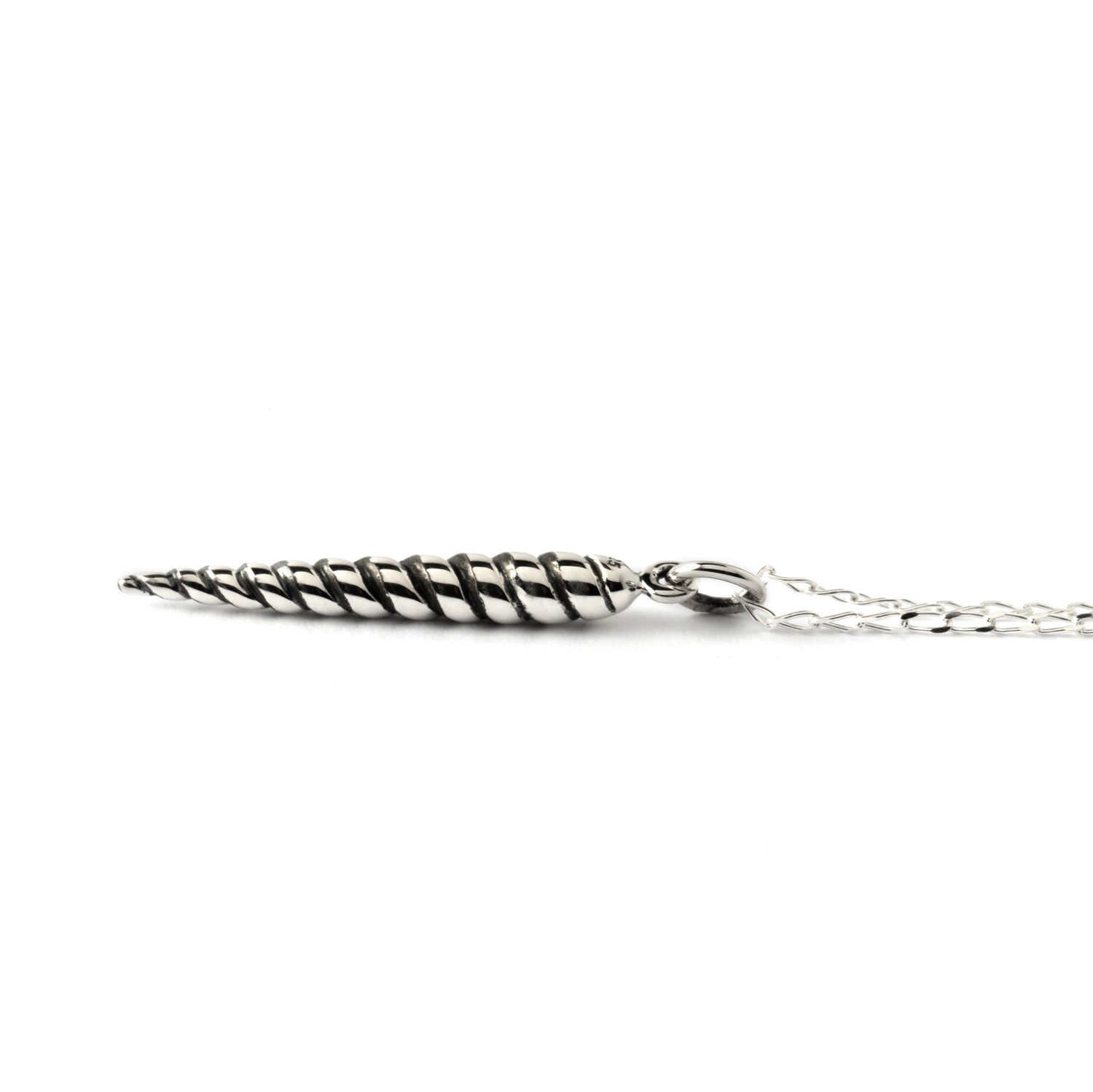 Silver Spiralling Cone Charm necklace side view