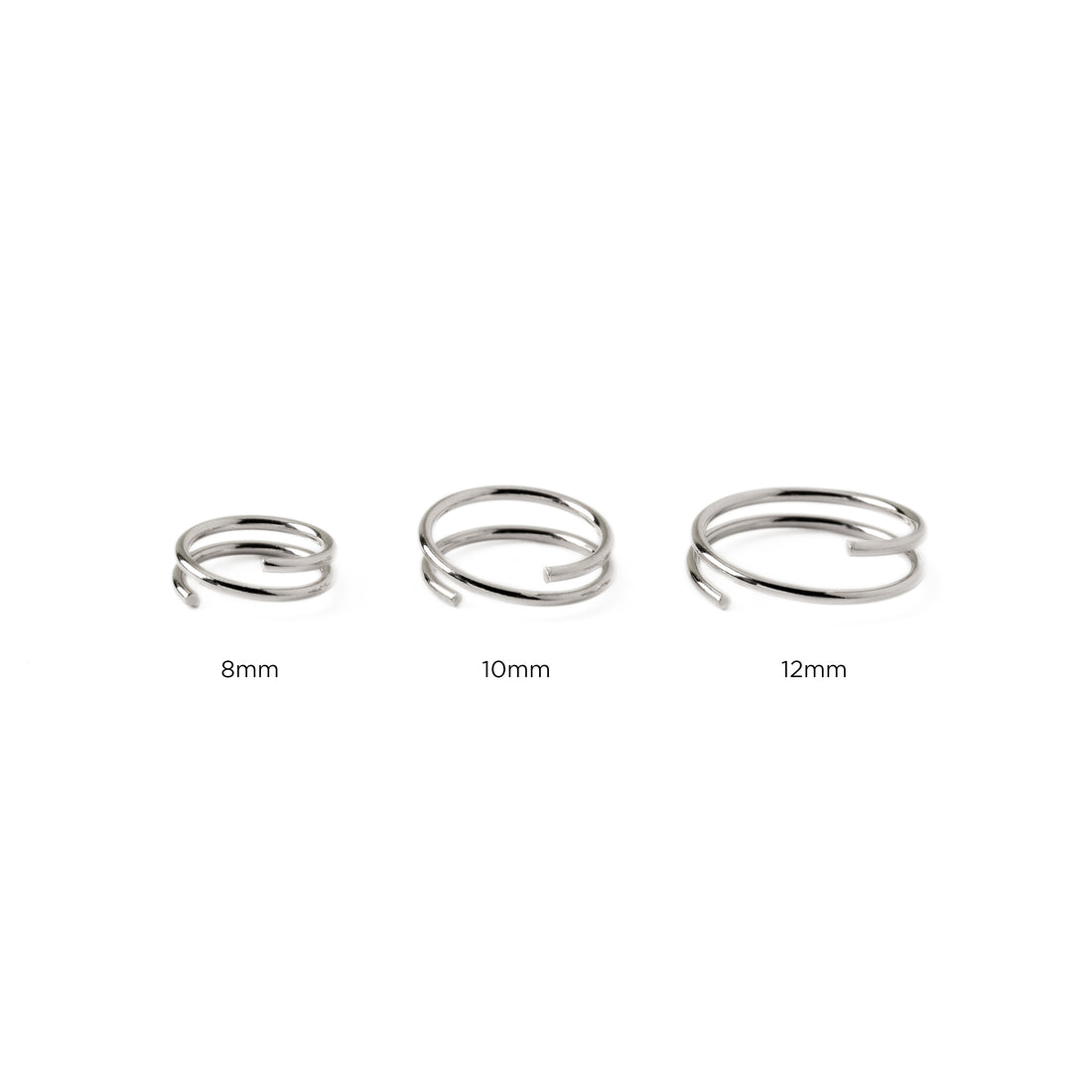 8mm, 10mm, 12mm Spiralling sterling silver double nose rings 
